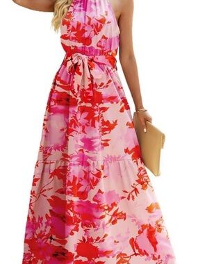 Floral Halter Maxi Dress in Pink & Red — Women